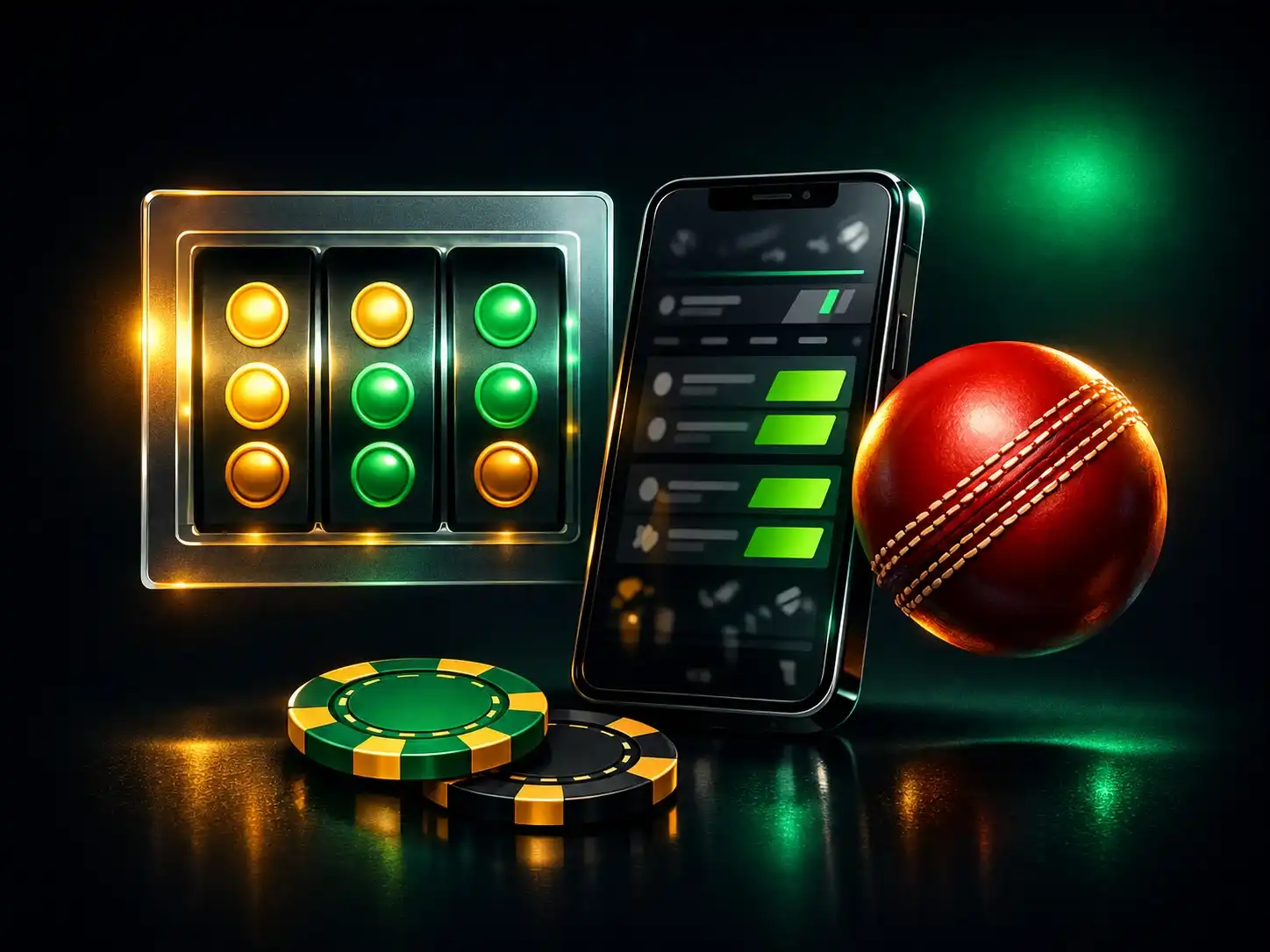 644jili casino and cricket betting overview — slot reels, a mobile betting screen and a cricket ball