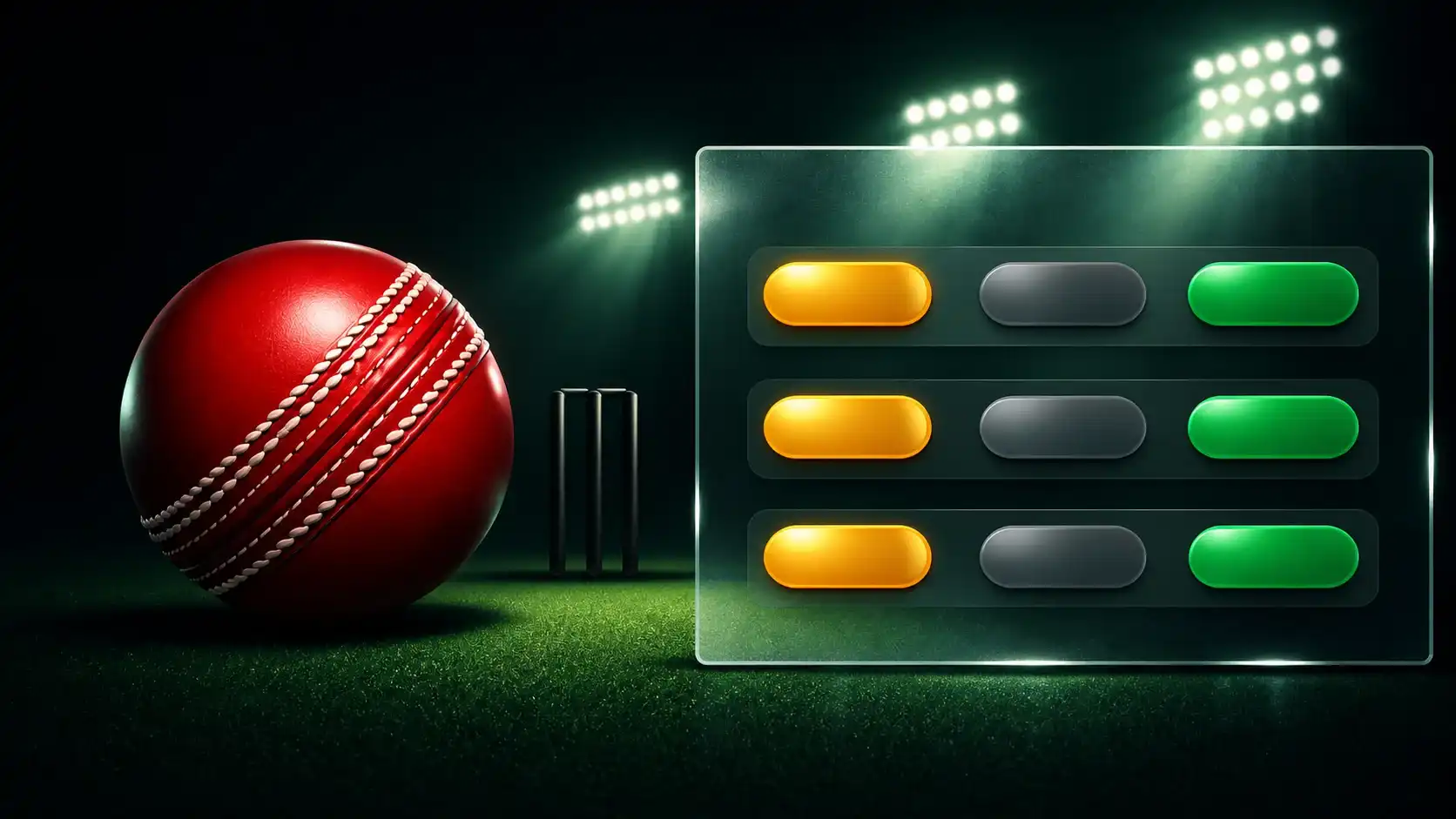 644jili cricket betting odds board under stadium floodlights, with a red cricket ball and stumps