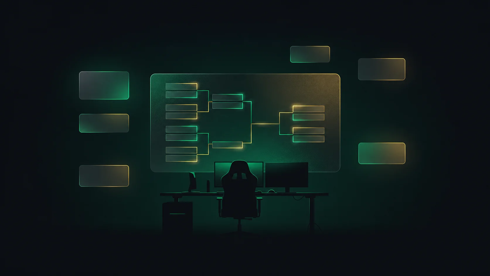 Esports setup silhouette with a tournament bracket panel
