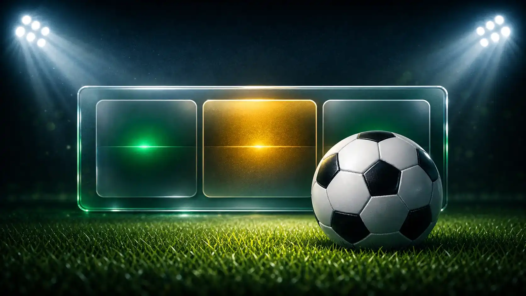 Football on floodlit grass beside a glass betting odds panel