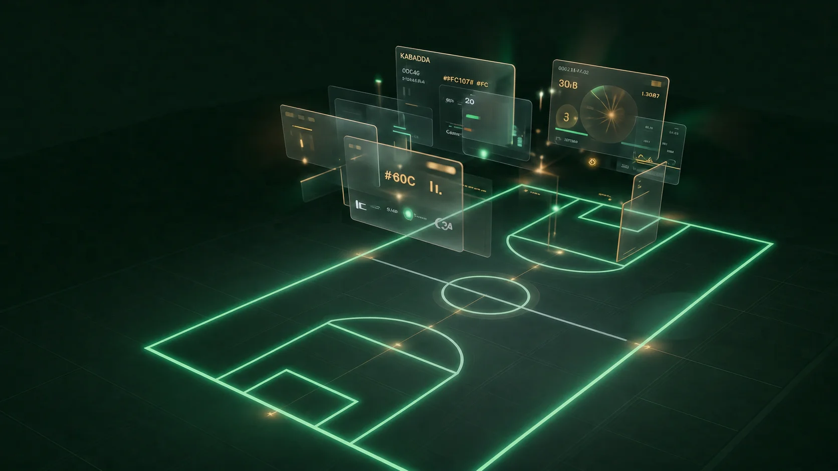 Glowing kabaddi court outline with floating match statistics panels
