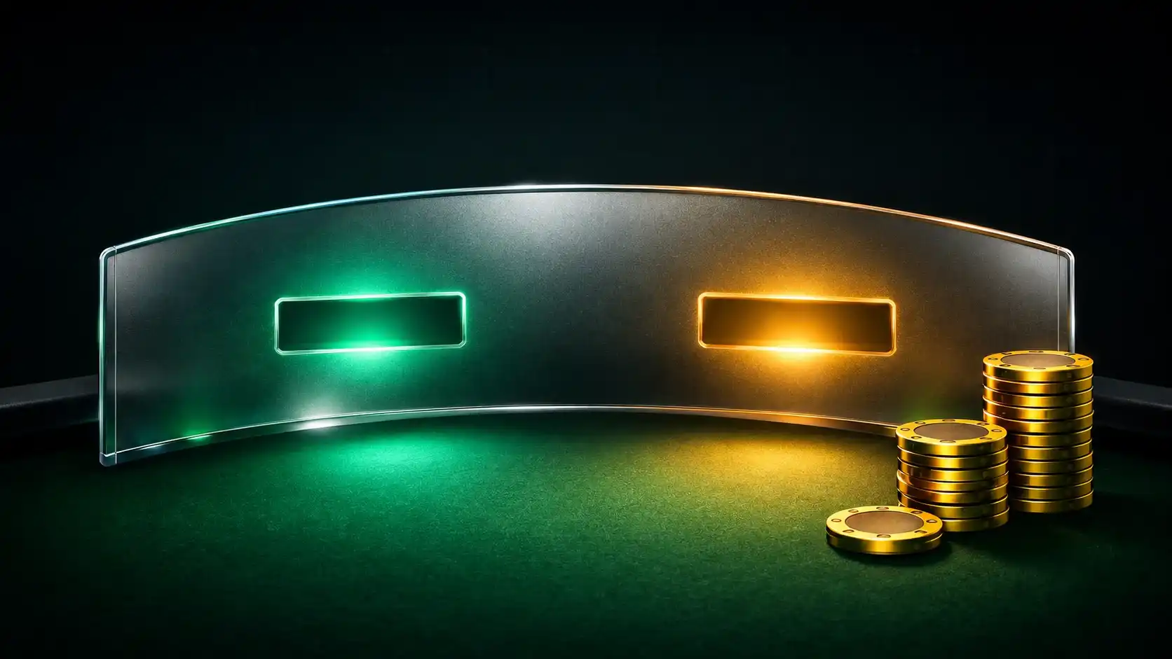 Live dealer baccarat table with a curved glass betting panel and gold chip stacks on green felt