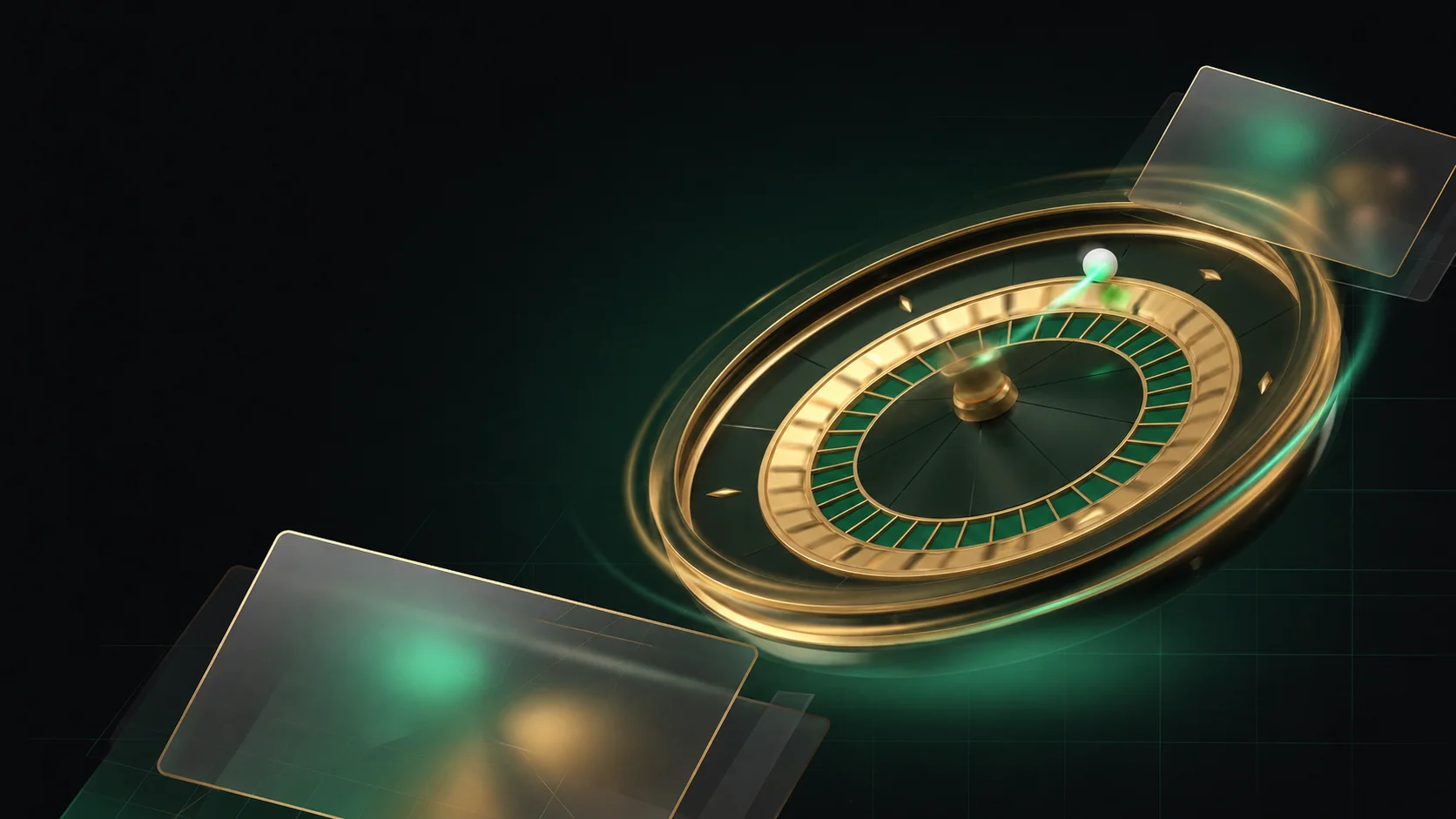 Gold live roulette wheel in motion with a white ball and glass betting panels