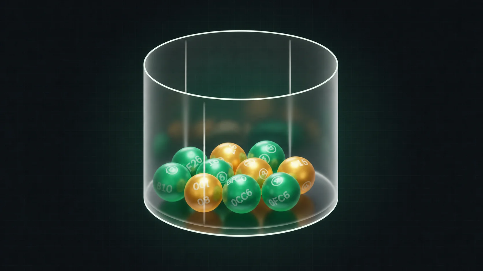 Numbered lottery and bingo balls in green and gold inside a glass drum